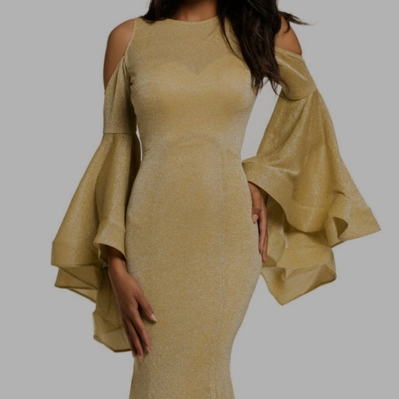 JOHNATHAN KAYNE Yellow Gold lame cold shoulder long sleeve pageant prom dress 2 - Picture 2 of 6